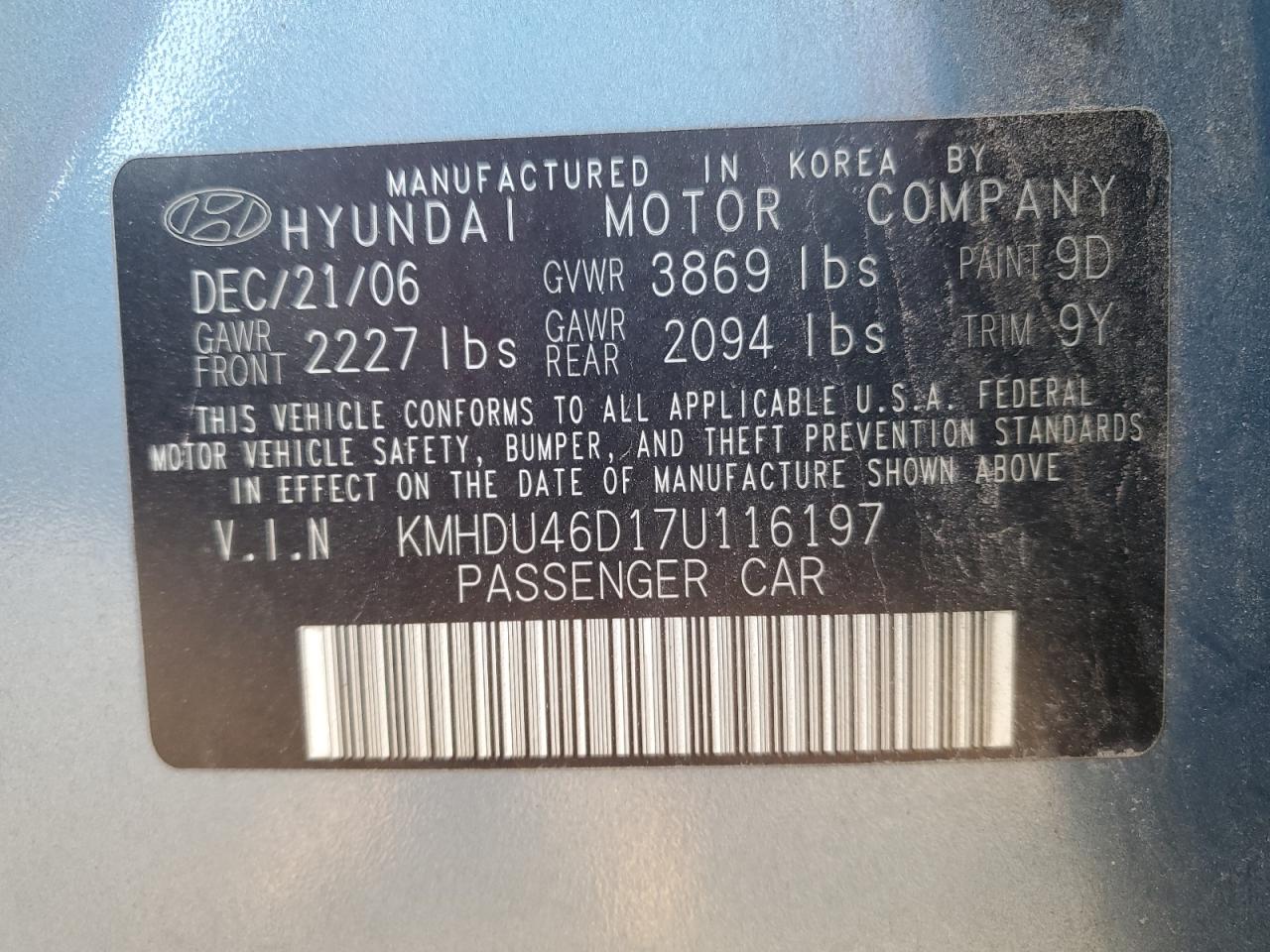 KMHDU46D17U116197 2007 Hyundai Elantra Gls