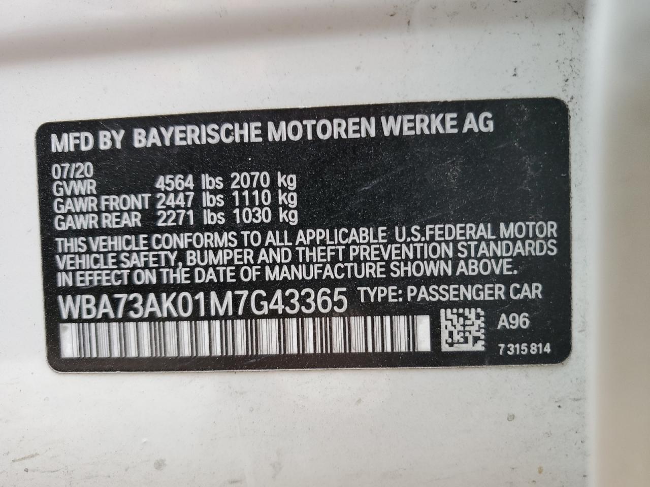 2021 BMW 228Xi VIN: WBA73AK01M7G43365 Lot: 70821624