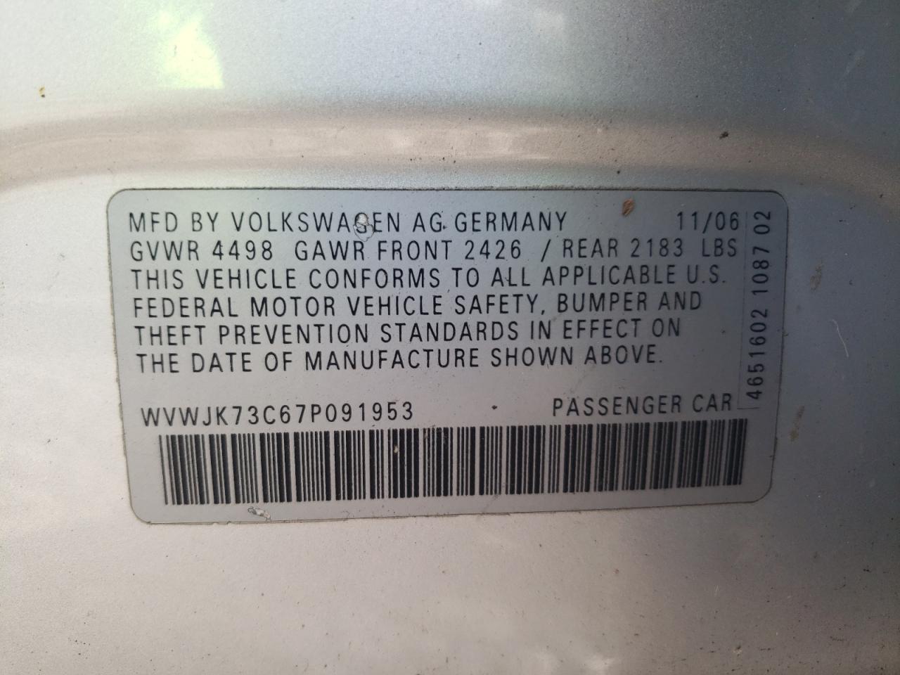 WVWJK73C67P091953 2007 Volkswagen Passat