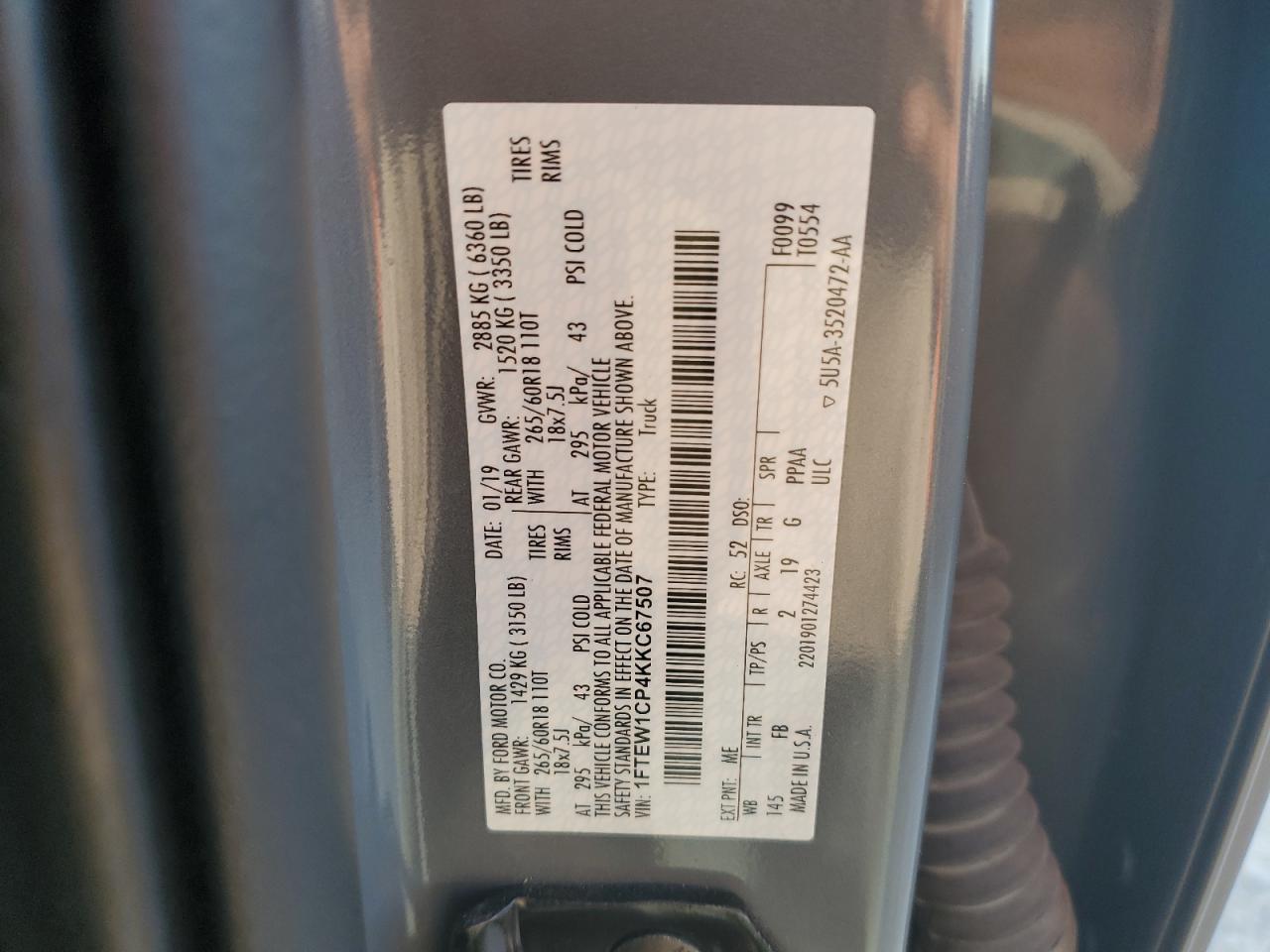1FTEW1CP4KKC67507 2019 Ford F150 Supercrew