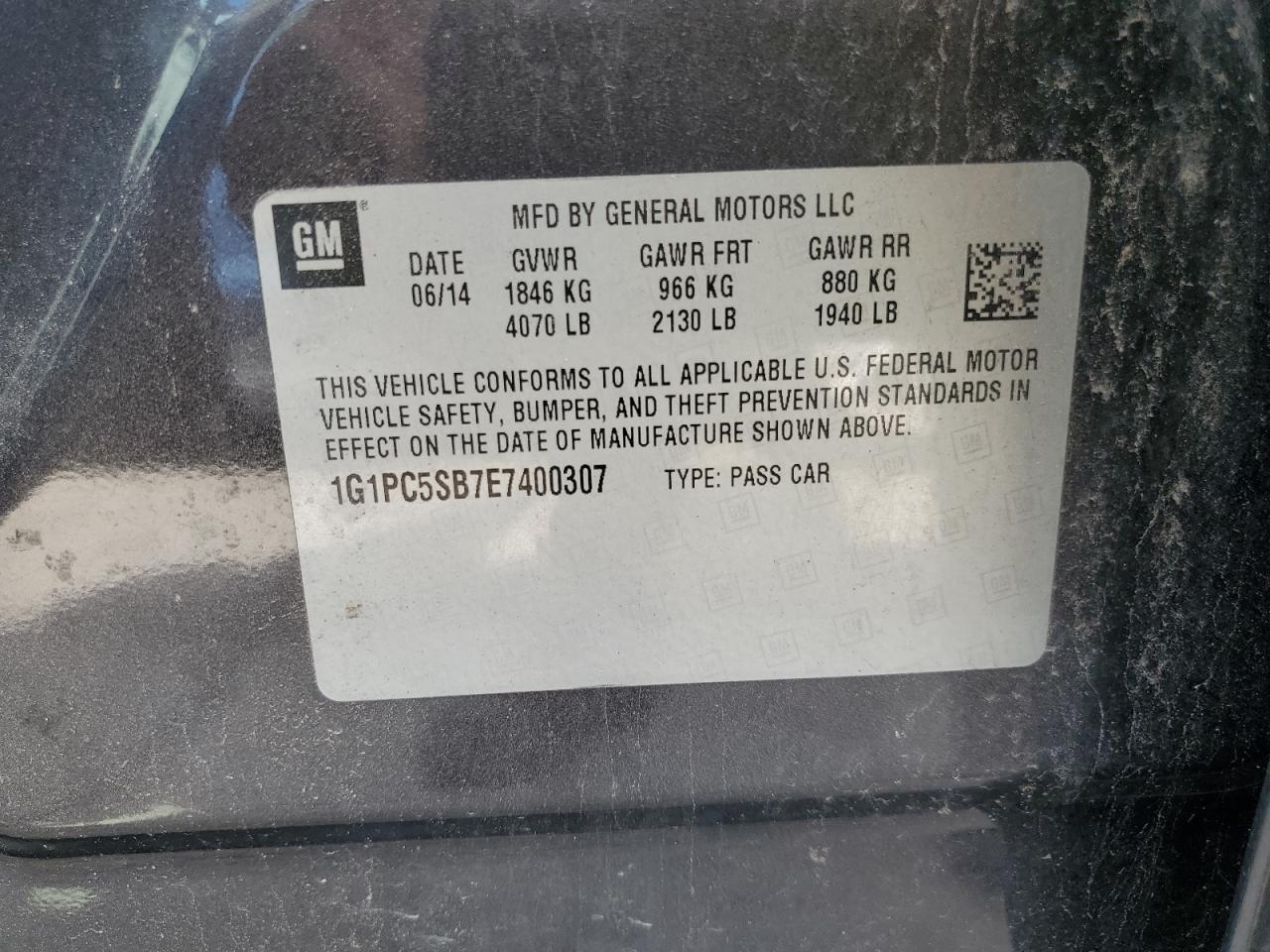 2014 Chevrolet Cruze Lt VIN: 1G1PC5SB7E7400307 Lot: 72494394