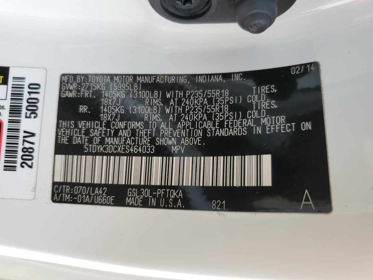 5TDYK3DCXES464033 2014 Toyota Sienna Xle