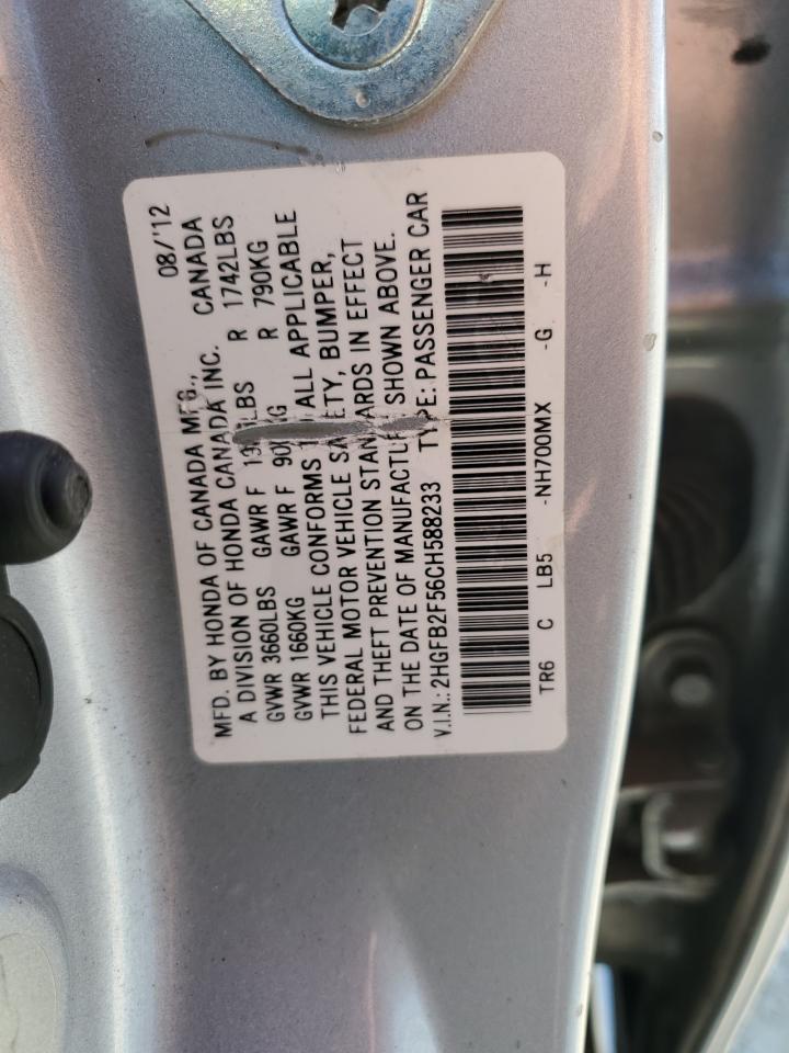 2012 Honda Civic Lx VIN: 2HGFB2F56CH588233 Lot: 70389074