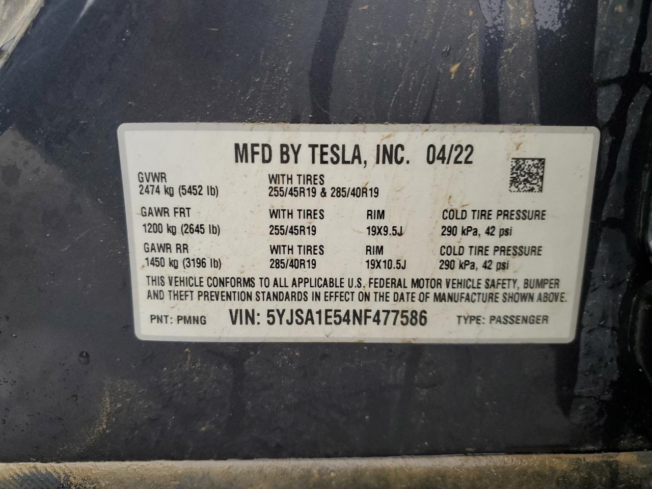 5YJSA1E54NF477586 2022 Tesla Model S