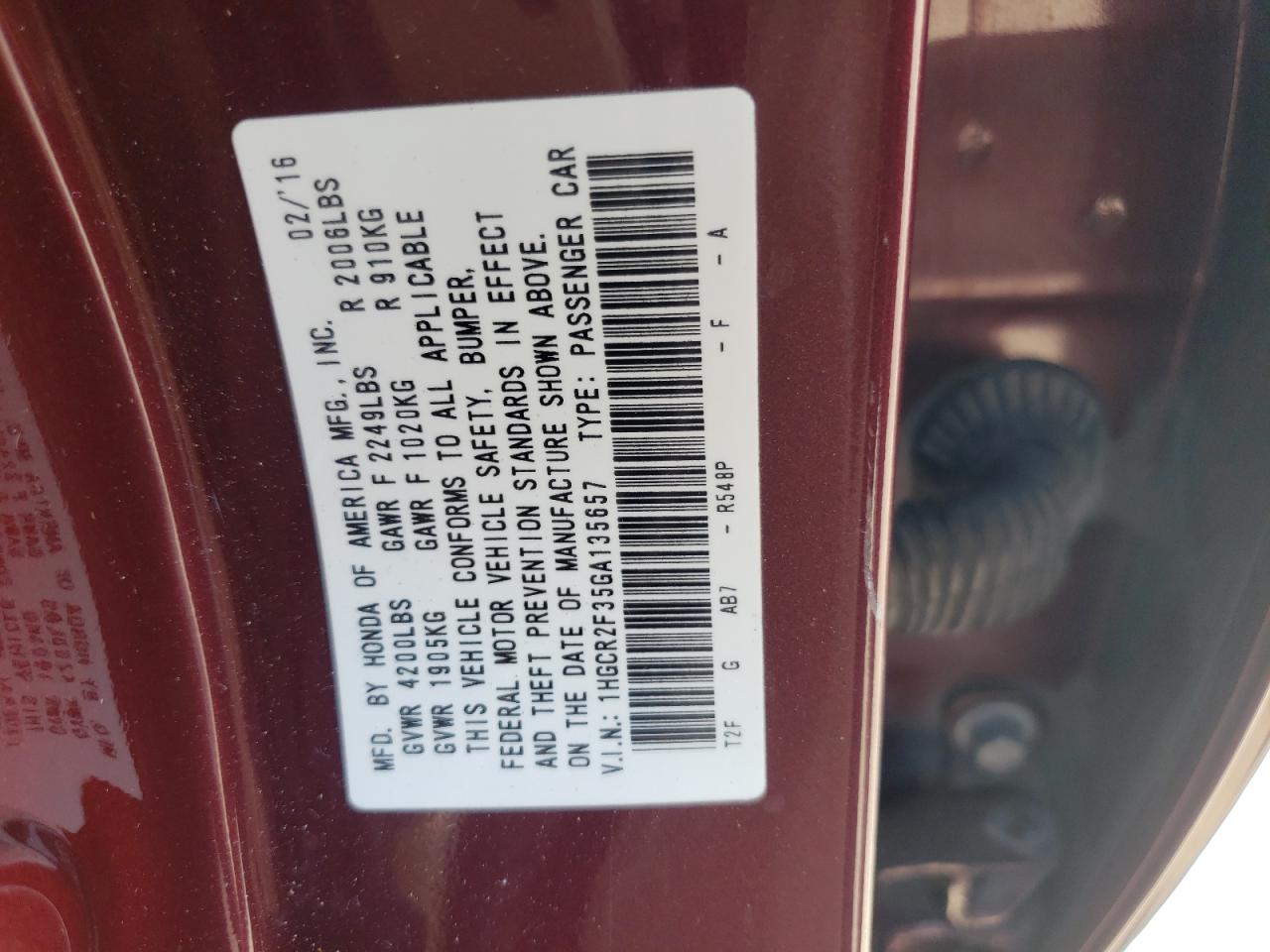 1HGCR2F35GA135657 2016 Honda Accord Lx