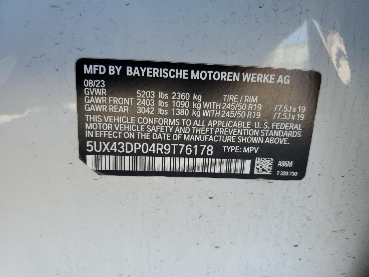 5UX43DP04R9T76178 2024 BMW X3 Sdrive30I