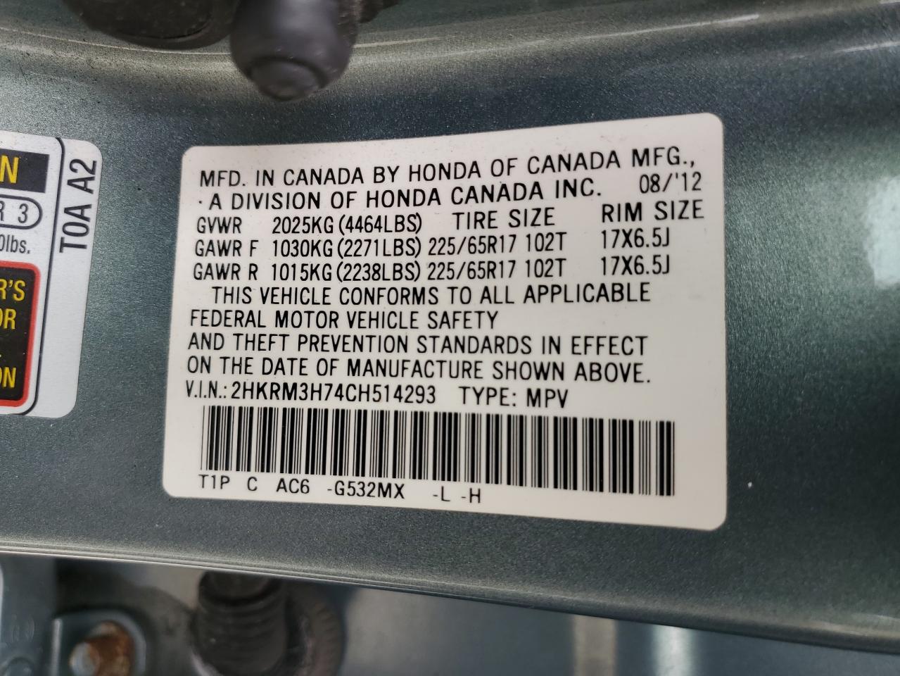 2HKRM3H74CH514293 2012 Honda Cr-V Exl