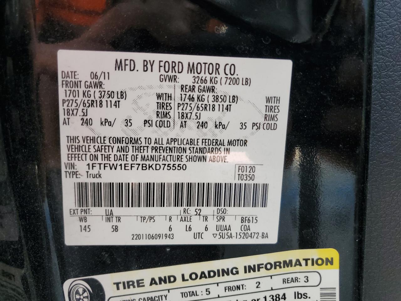 1FTFW1EF7BKD75550 2011 Ford F150 Supercrew