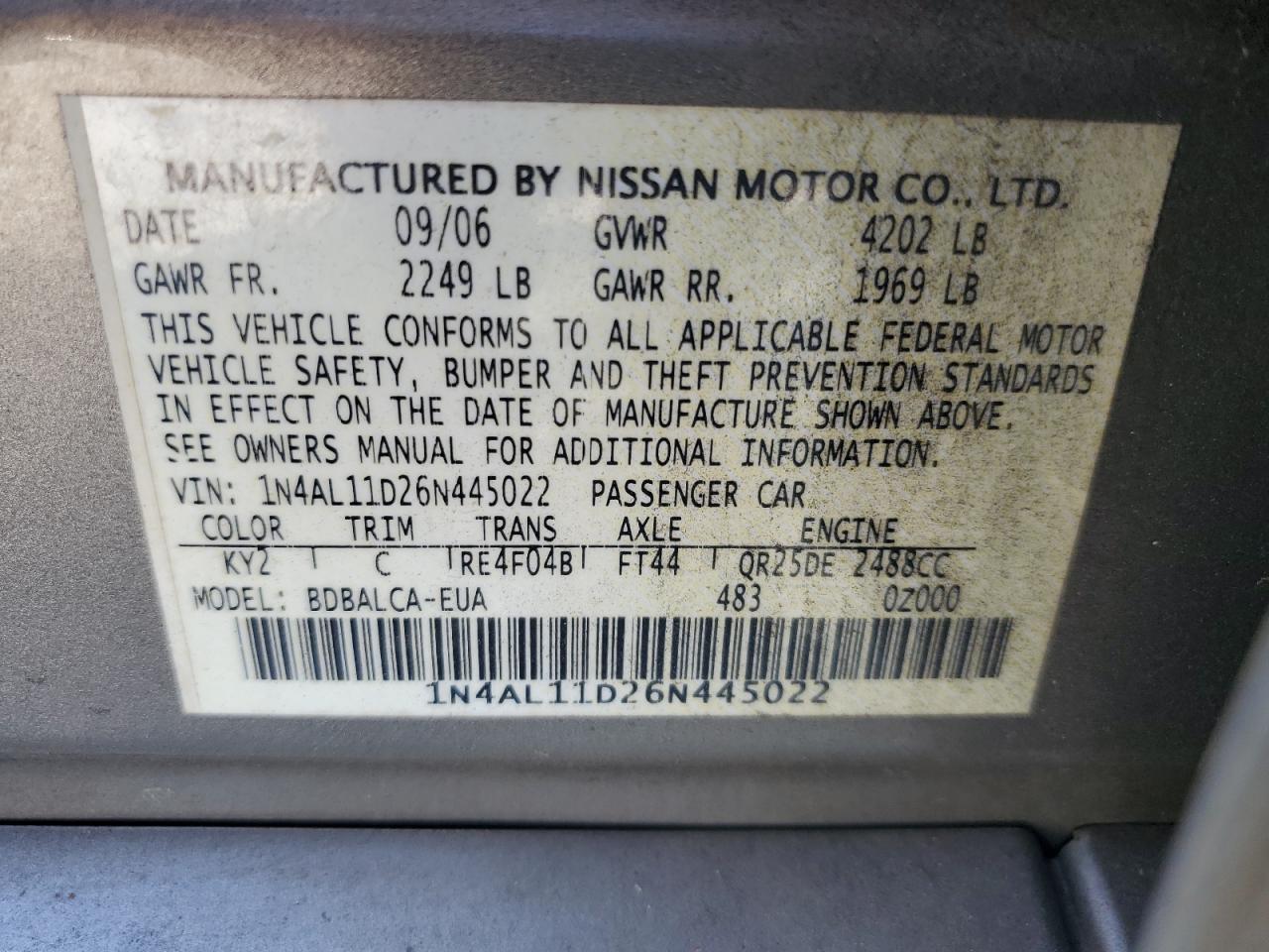 2006 Nissan Altima S VIN: 1N4AL11D26N445022 Lot: 70066664