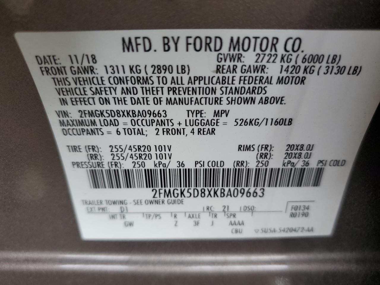 2FMGK5D8XKBA09663 2019 Ford Flex Limited