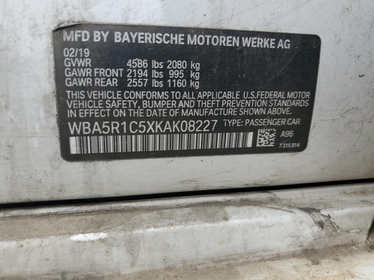 WBA5R1C5XKAK08227 2019 BMW 330I