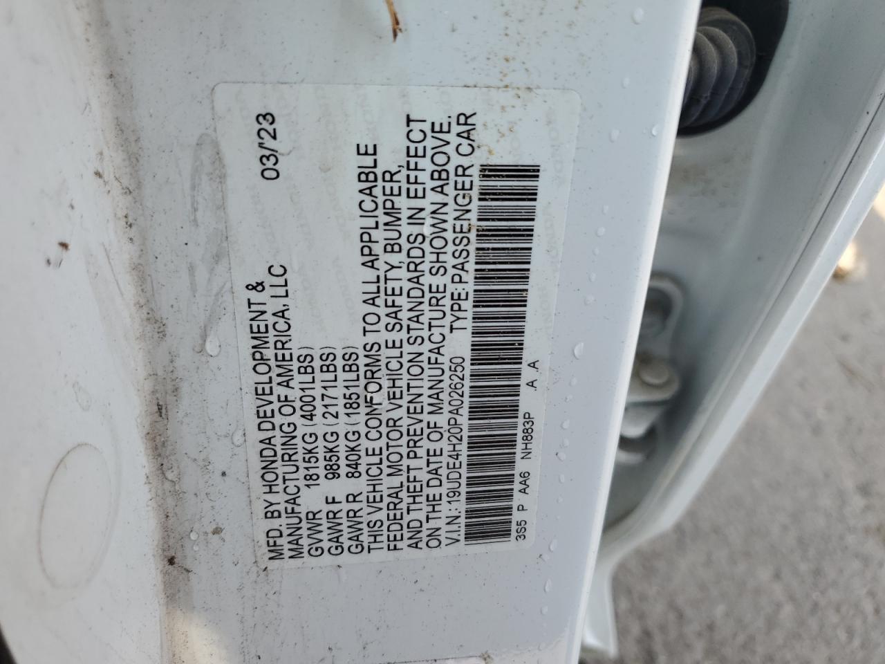 2023 Acura Integra VIN: 19UDE4H20PA026250 Lot: 70699134