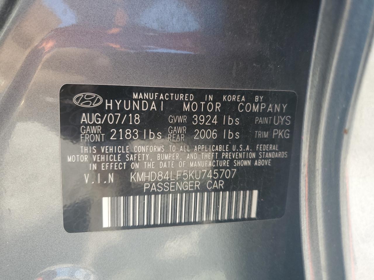 KMHD84LF5KU745707 2019 Hyundai Elantra Sel