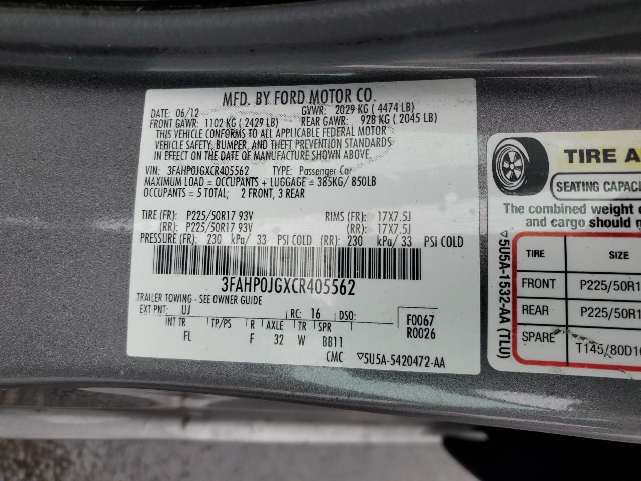 3FAHP0JGXCR405562 2012 Ford Fusion Sel