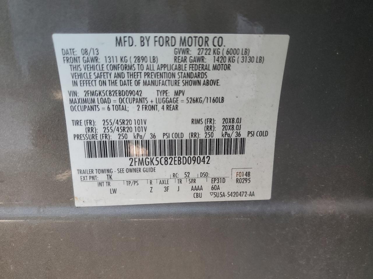 2014 Ford Flex Sel VIN: 2FMGK5C82EBD09042 Lot: 71553564