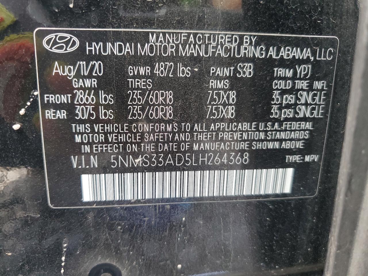 5NMS33AD5LH264368 2020 Hyundai Santa Fe Sel