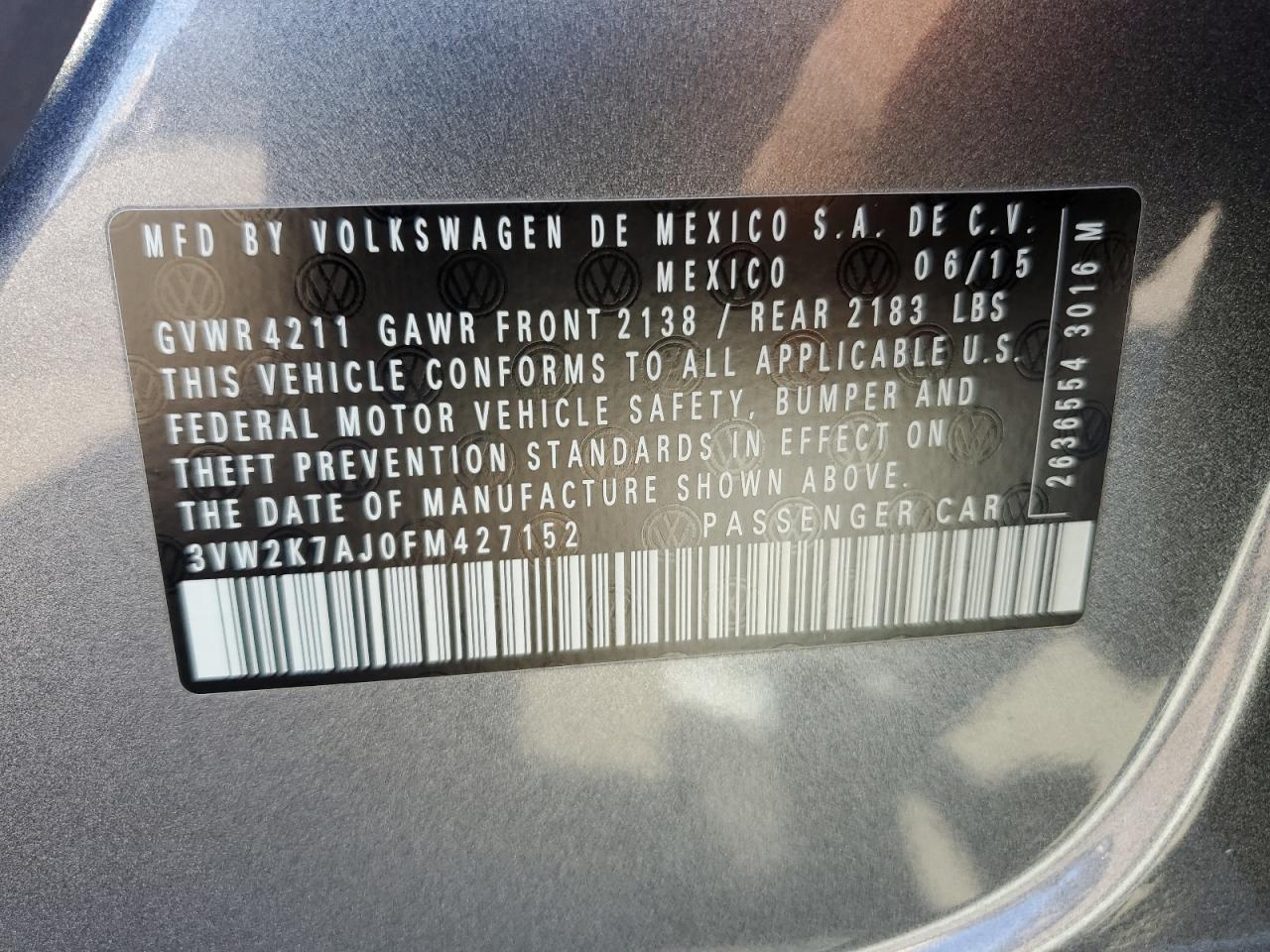2015 Volkswagen Jetta Base VIN: 3VW2K7AJ0FM427152 Lot: 73314574