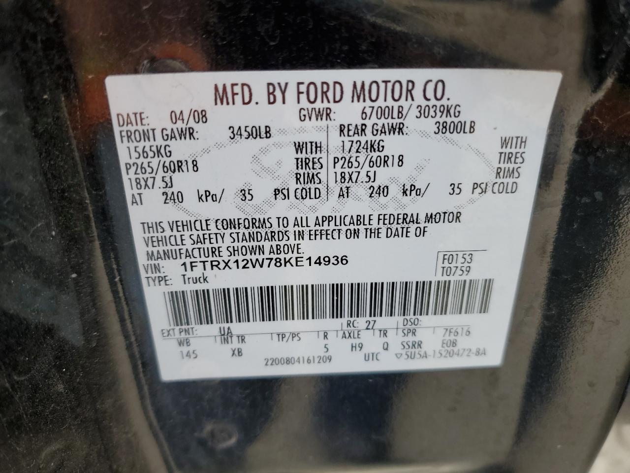 1FTRX12W78KE14936 2008 Ford F150