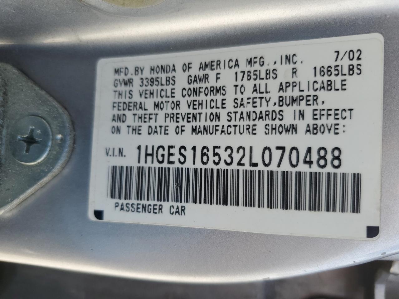 1HGES16532L070488 2002 Honda Civic Lx 1HGES16532L070488 2002 Honda Civic Lx