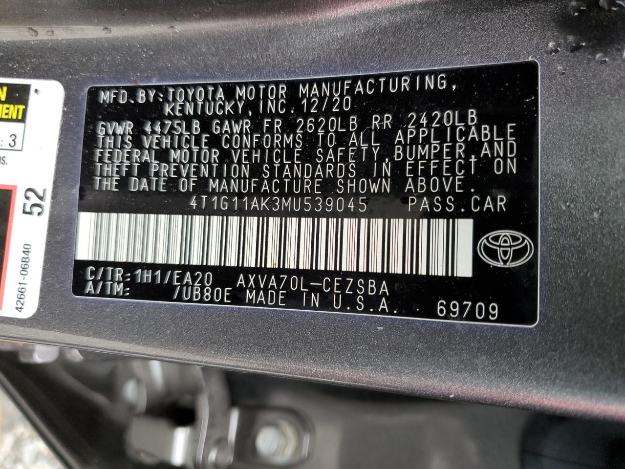 2021 Toyota Camry Se VIN: 4T1G11AK3MU539045 Lot: 73202194