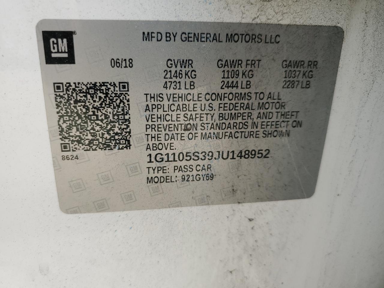 1G1105S39JU148952 2018 Chevrolet Impala Lt