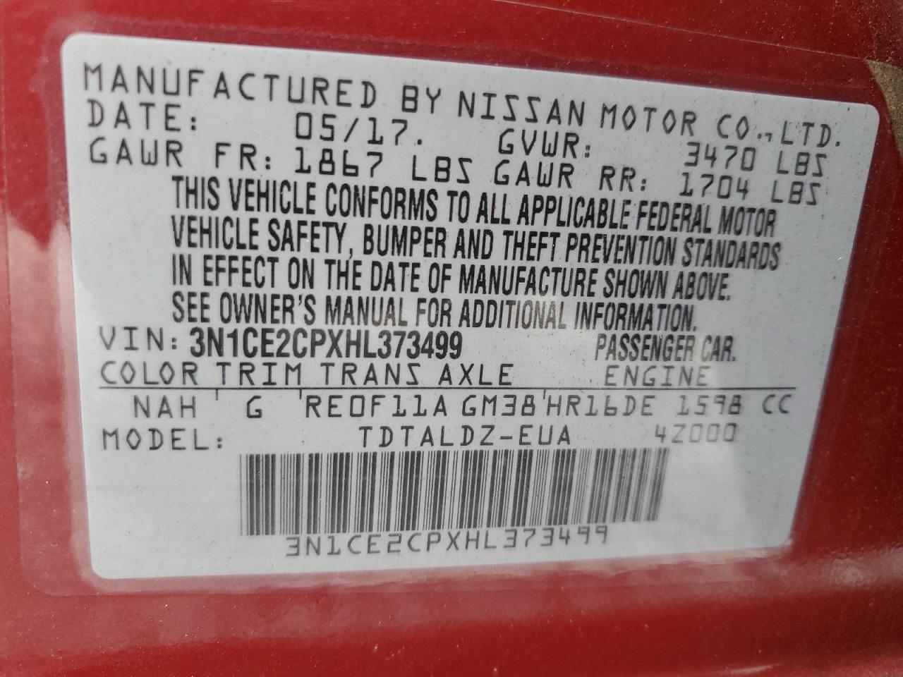 3N1CE2CPXHL373499 2017 Nissan Versa Note S