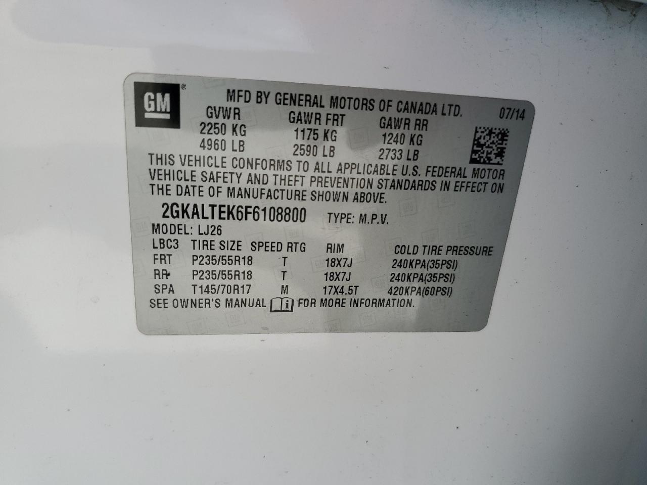 2GKALTEK6F6108800 2015 GMC Terrain Slt