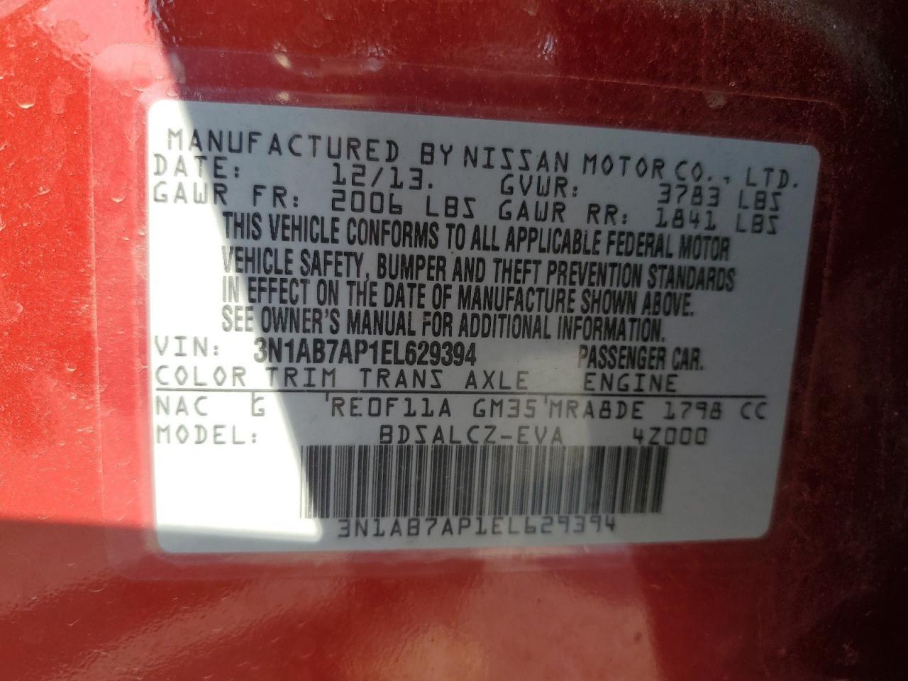 3N1AB7AP1EL629394 2014 Nissan Sentra S