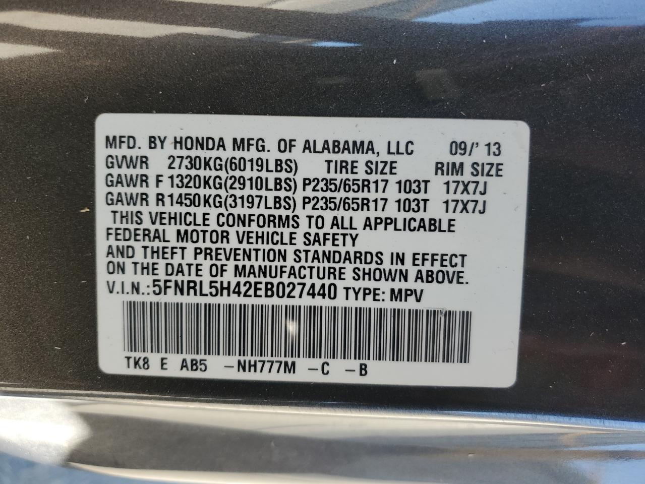 5FNRL5H42EB027440 2014 Honda Odyssey Ex