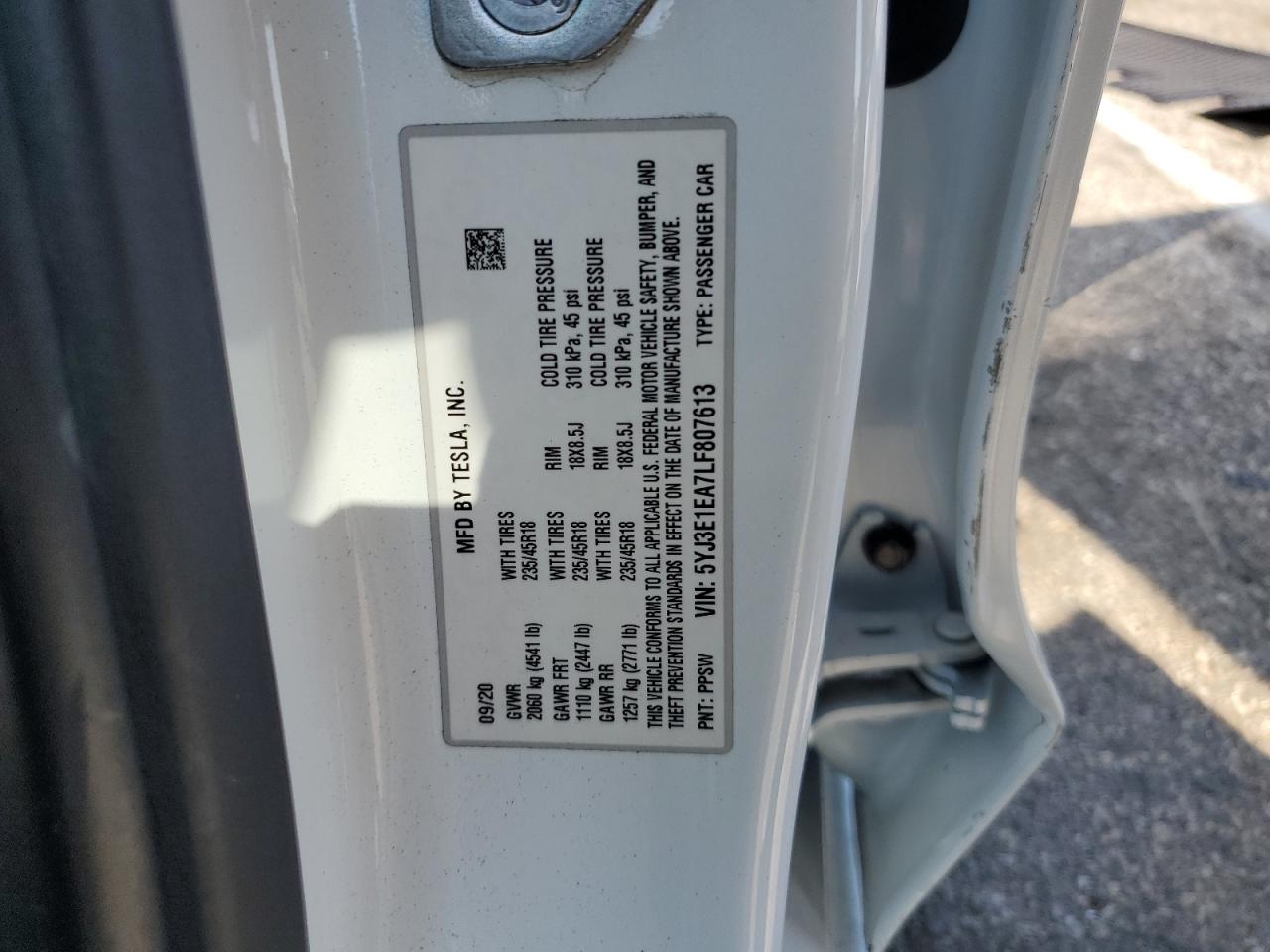 5YJ3E1EA7LF807613 2020 Tesla Model 3