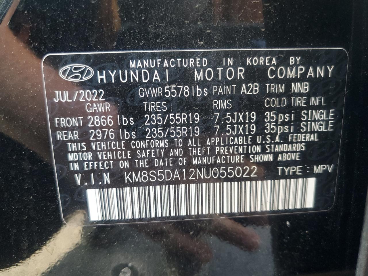 KM8S5DA12NU055022 2022 Hyundai Santa Fe Limited