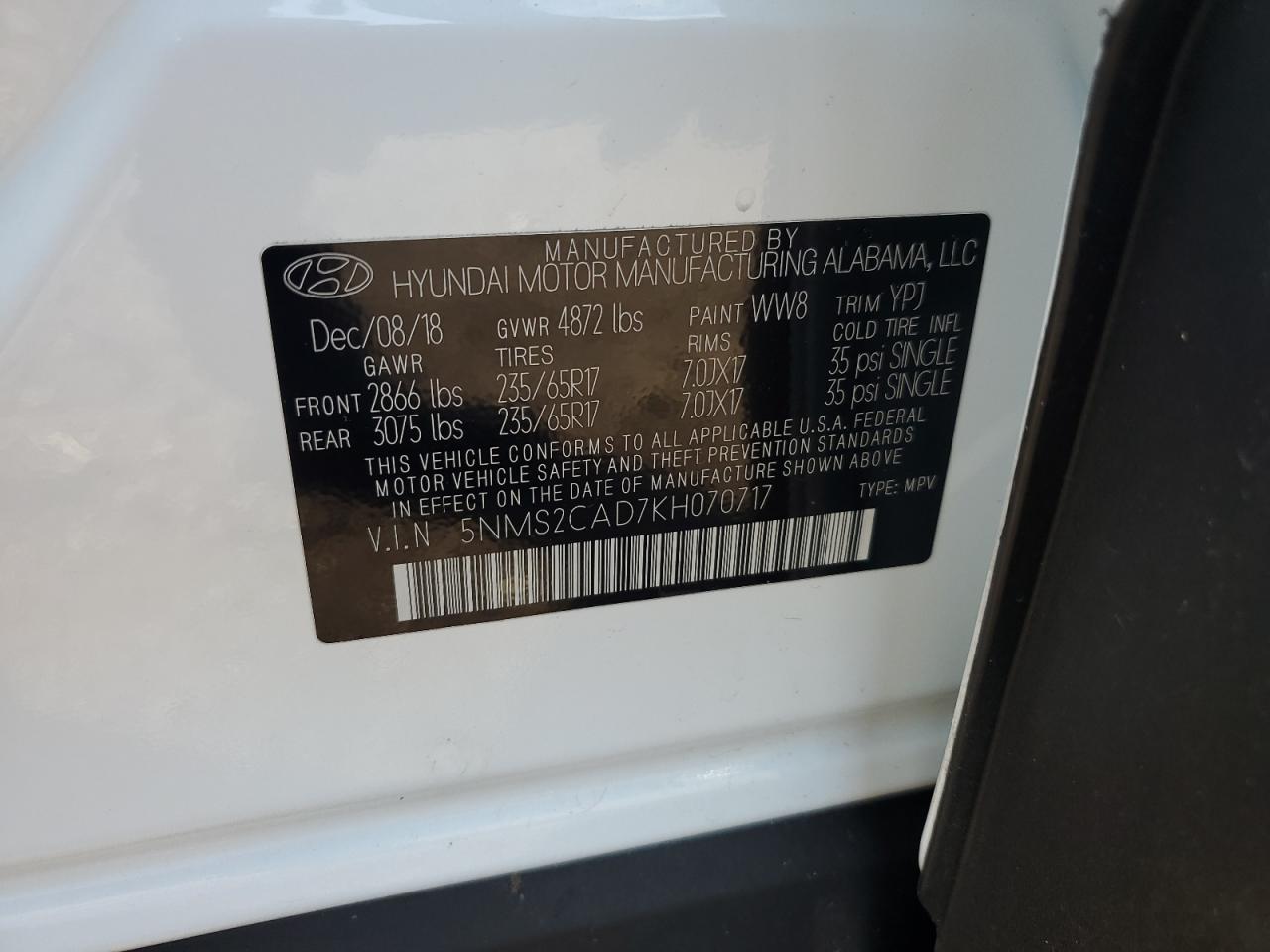 5NMS2CAD7KH070717 2019 Hyundai Santa Fe Se