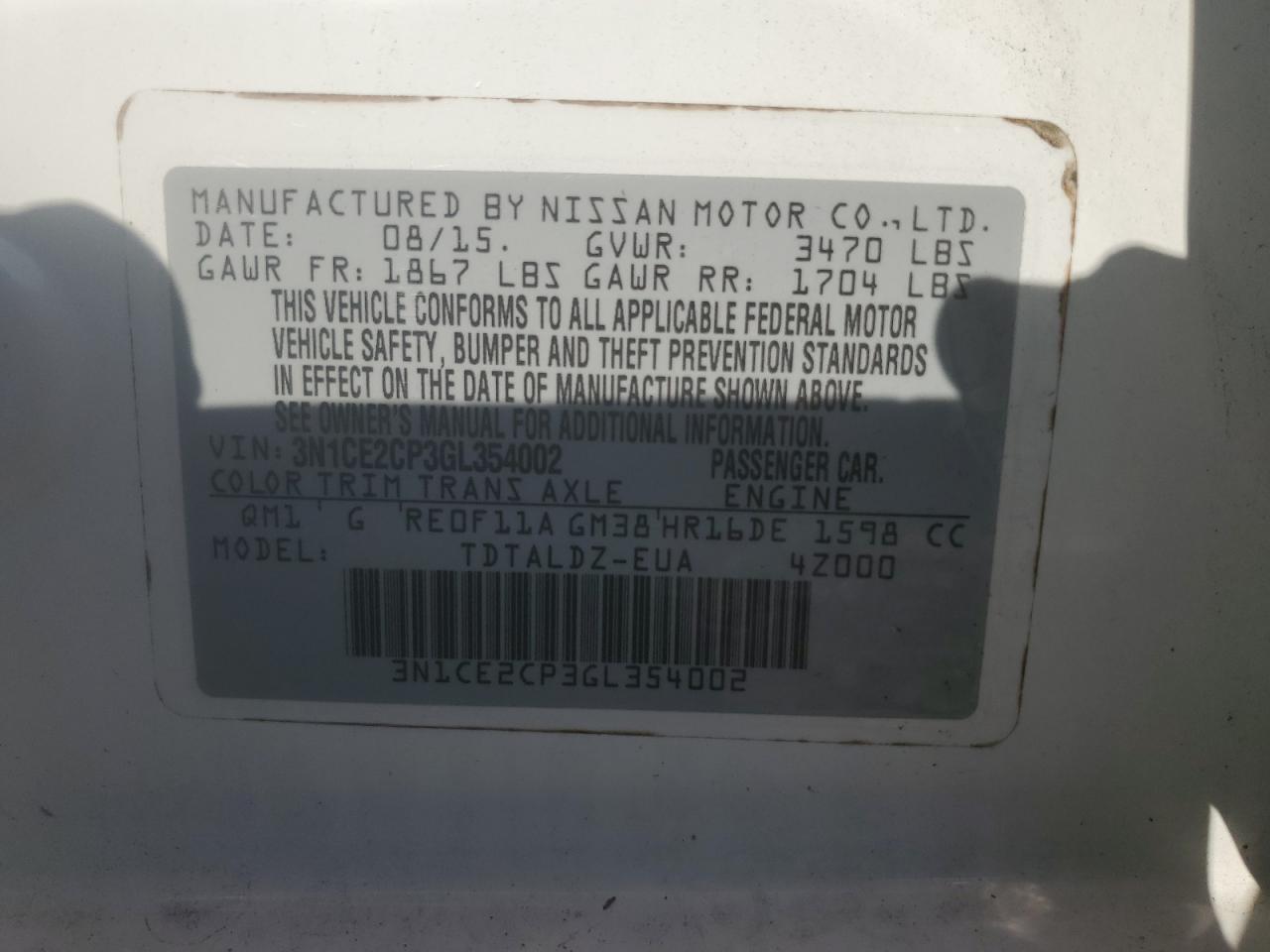 3N1CE2CP3GL354002 2016 Nissan Versa Note S