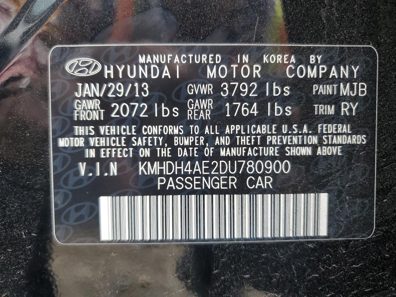 KMHDH4AE2DU780900 2013 Hyundai Elantra Gls