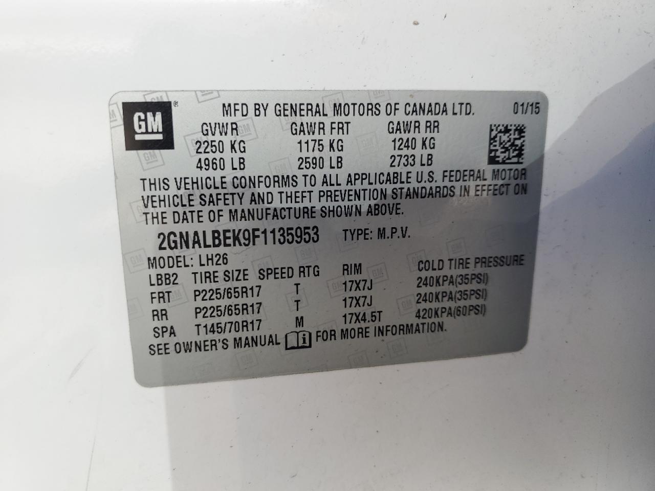 2GNALBEK9F1135953 2015 Chevrolet Equinox Lt