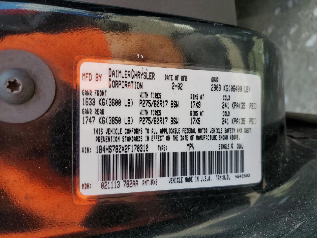 2002 Dodge Durango R/T VIN: 1B4HS78ZX2F170310 Lot: 72377464