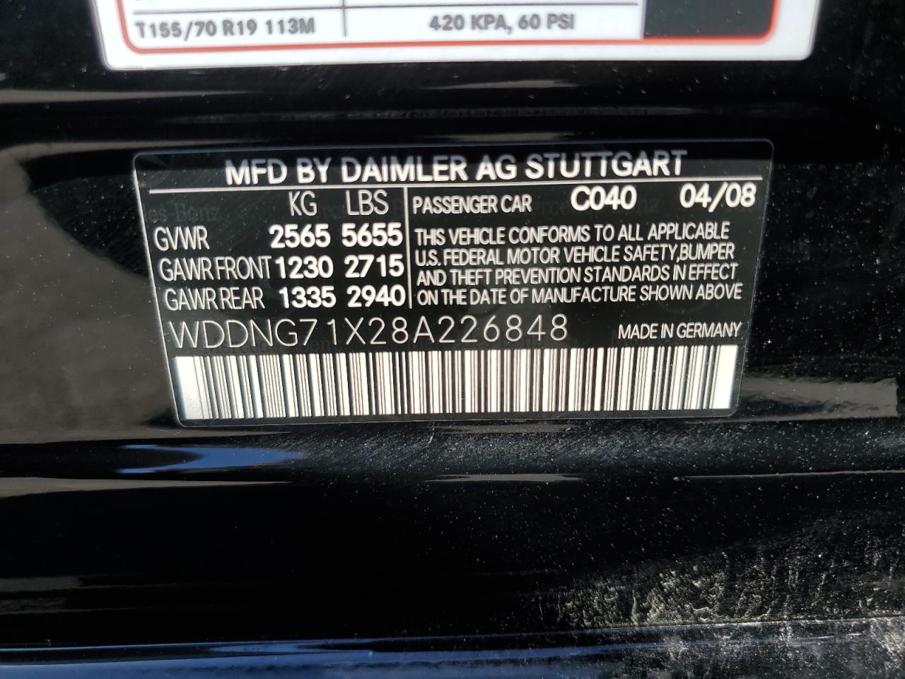 2008 Mercedes-Benz S 550 VIN: WDDNG71X28A226848 Lot: 72659684