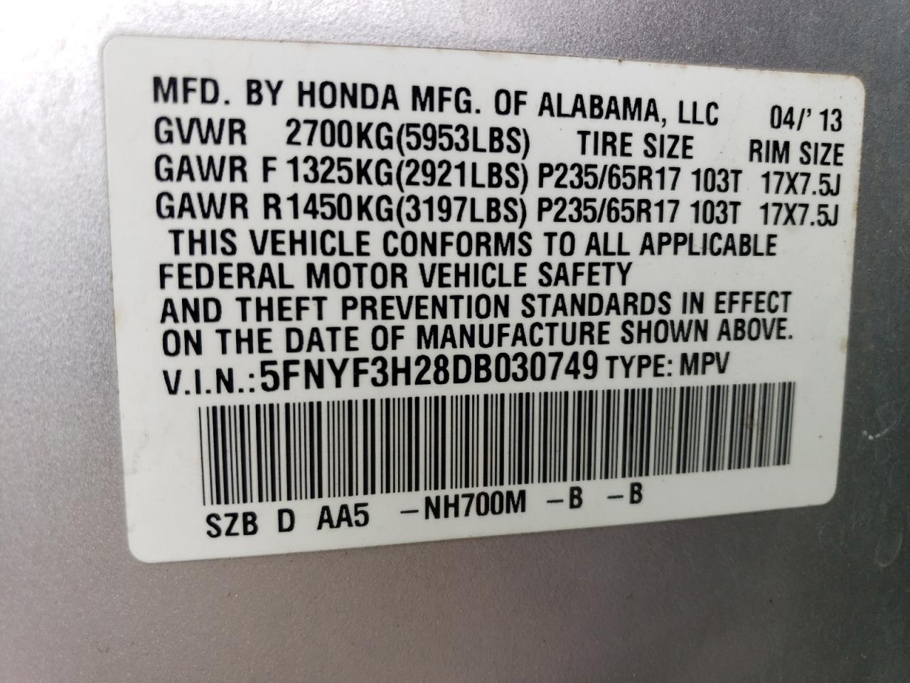 5FNYF3H28DB030749 2013 Honda Pilot Lx