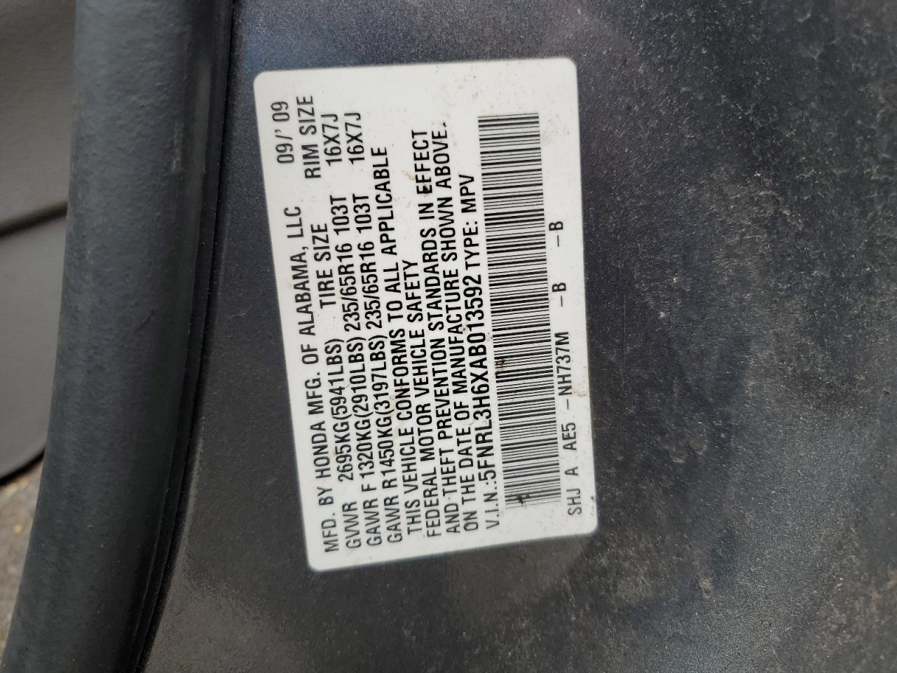 5FNRL3H6XAB013592 2010 Honda Odyssey Exl