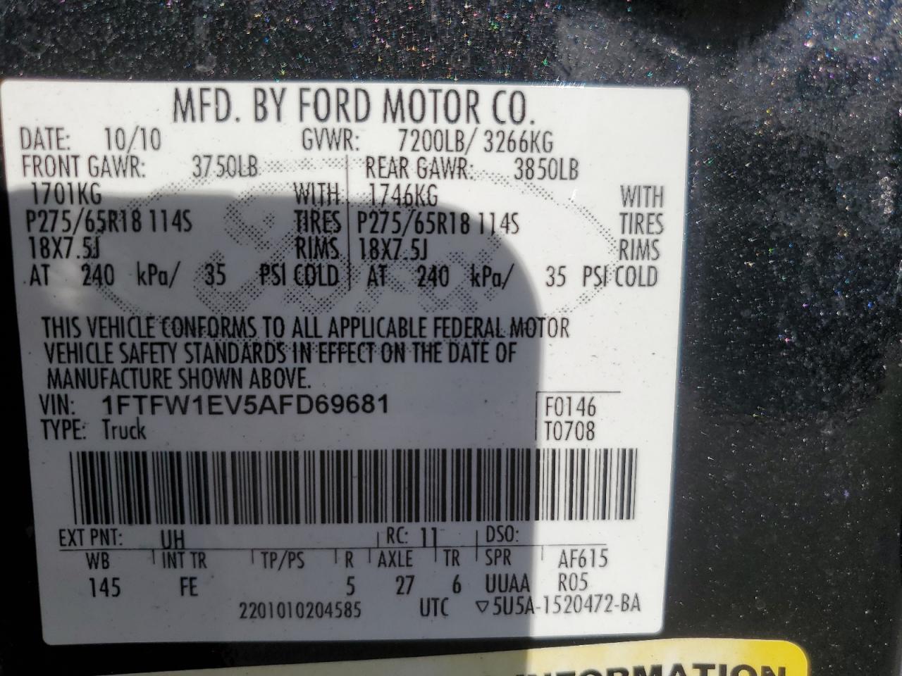 1FTFW1EV5AFD69681 2010 Ford F150 Supercrew