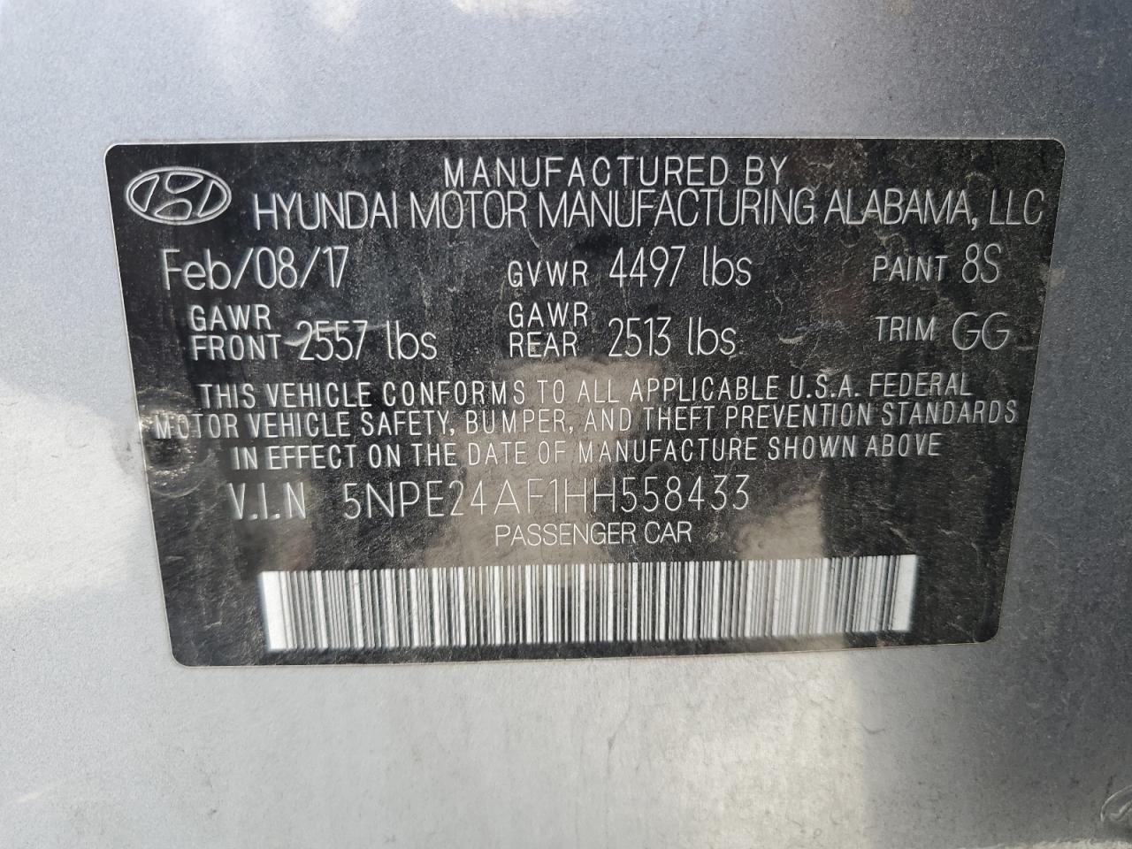 5NPE24AF1HH558433 2017 Hyundai Sonata Se