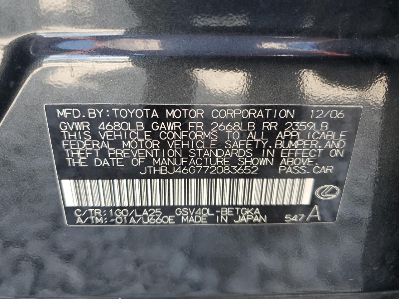 2007 Lexus Es 350 VIN: JTHBJ46G772083652 Lot: 70267354