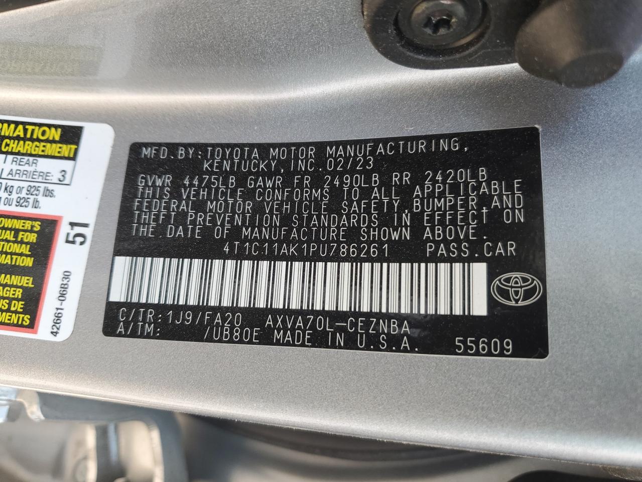 4T1C11AK1PU786261 2023 Toyota Camry Le