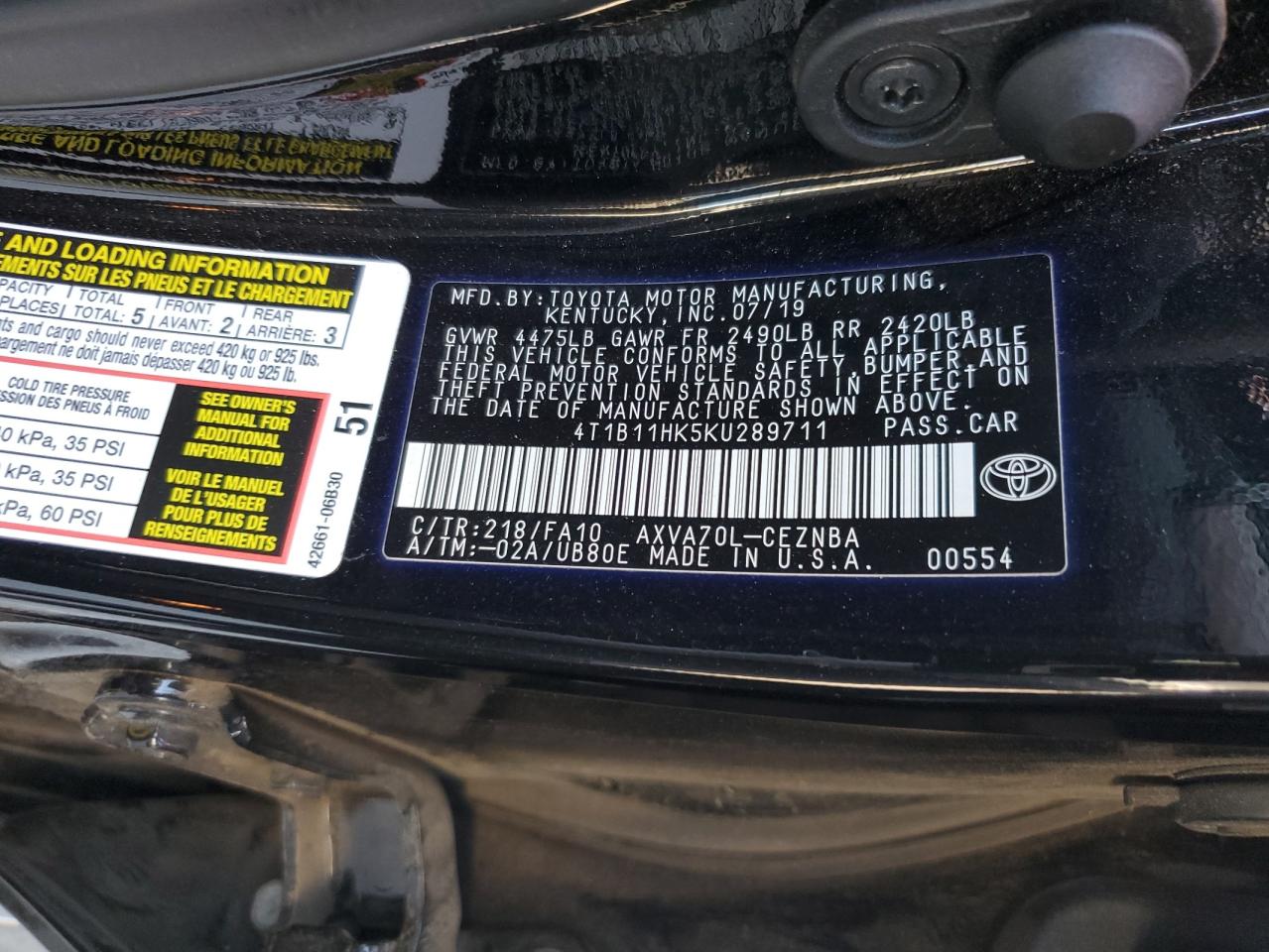 4T1B11HK5KU289711 2019 TOYOTA CAMRY - Image 12