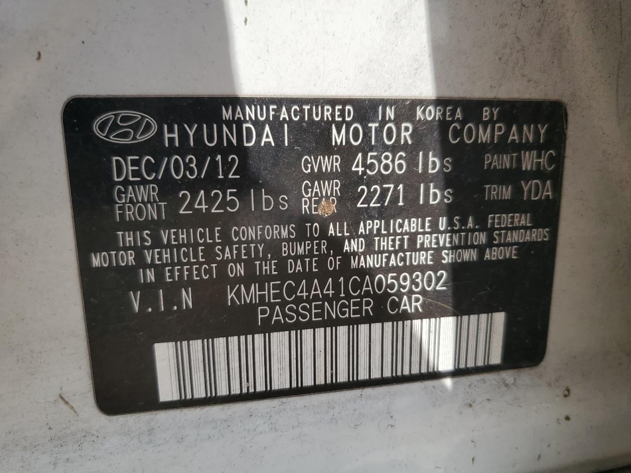 KMHEC4A41CA059302 2012 Hyundai Sonata Hybrid