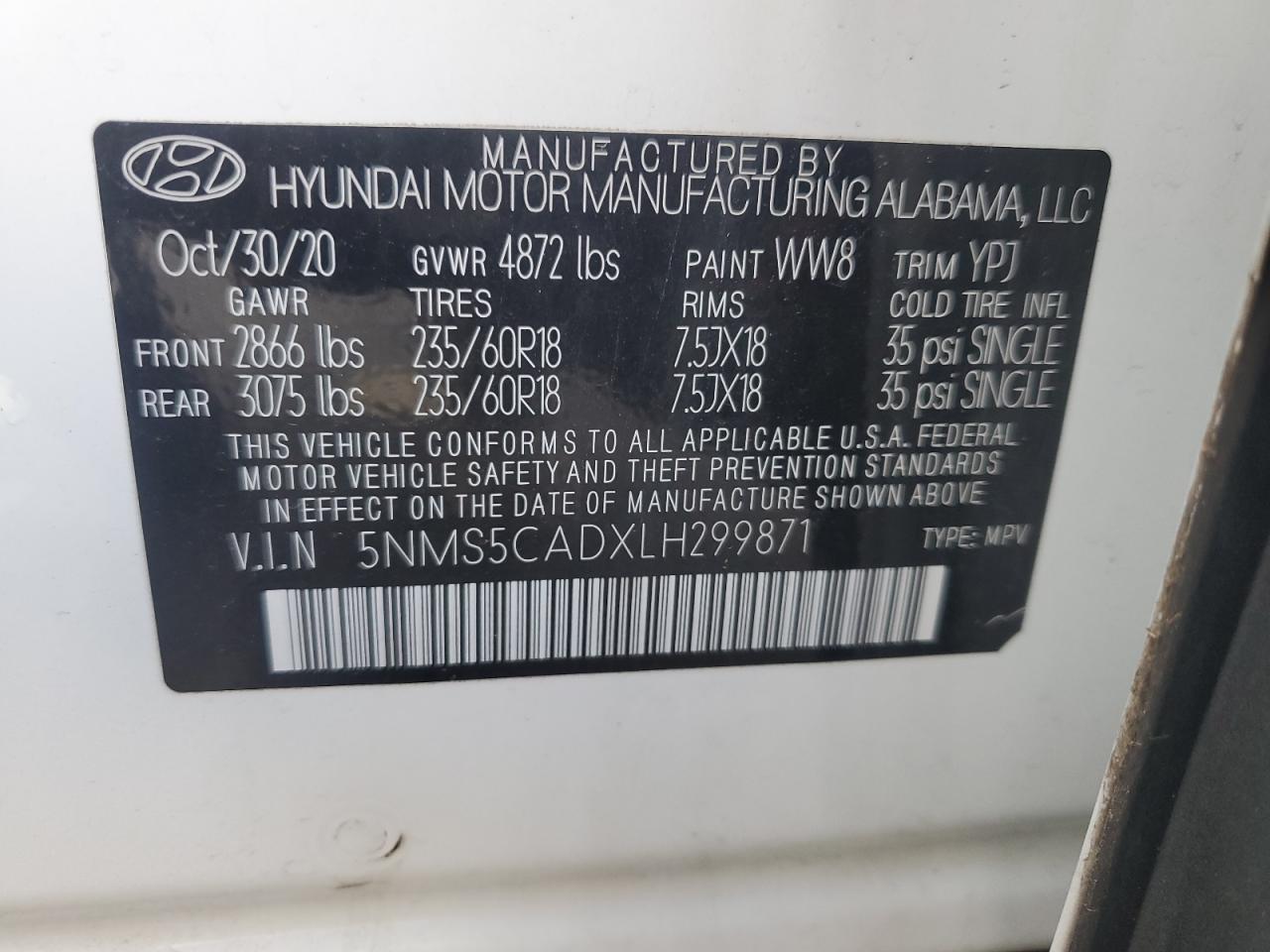 5NMS5CADXLH299871 2020 Hyundai Santa Fe Limited