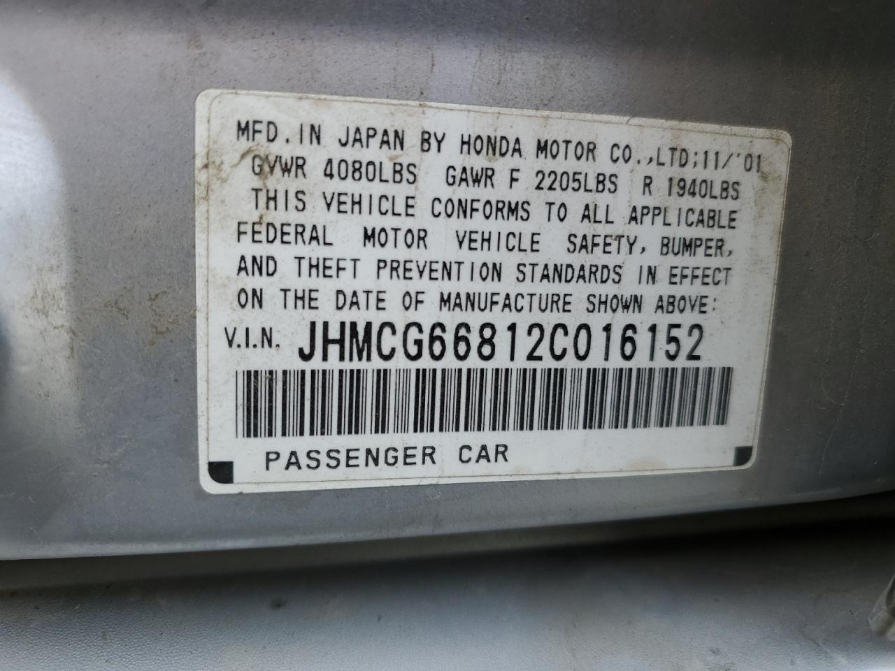 JHMCG66812C016152 2002 Honda Accord Ex