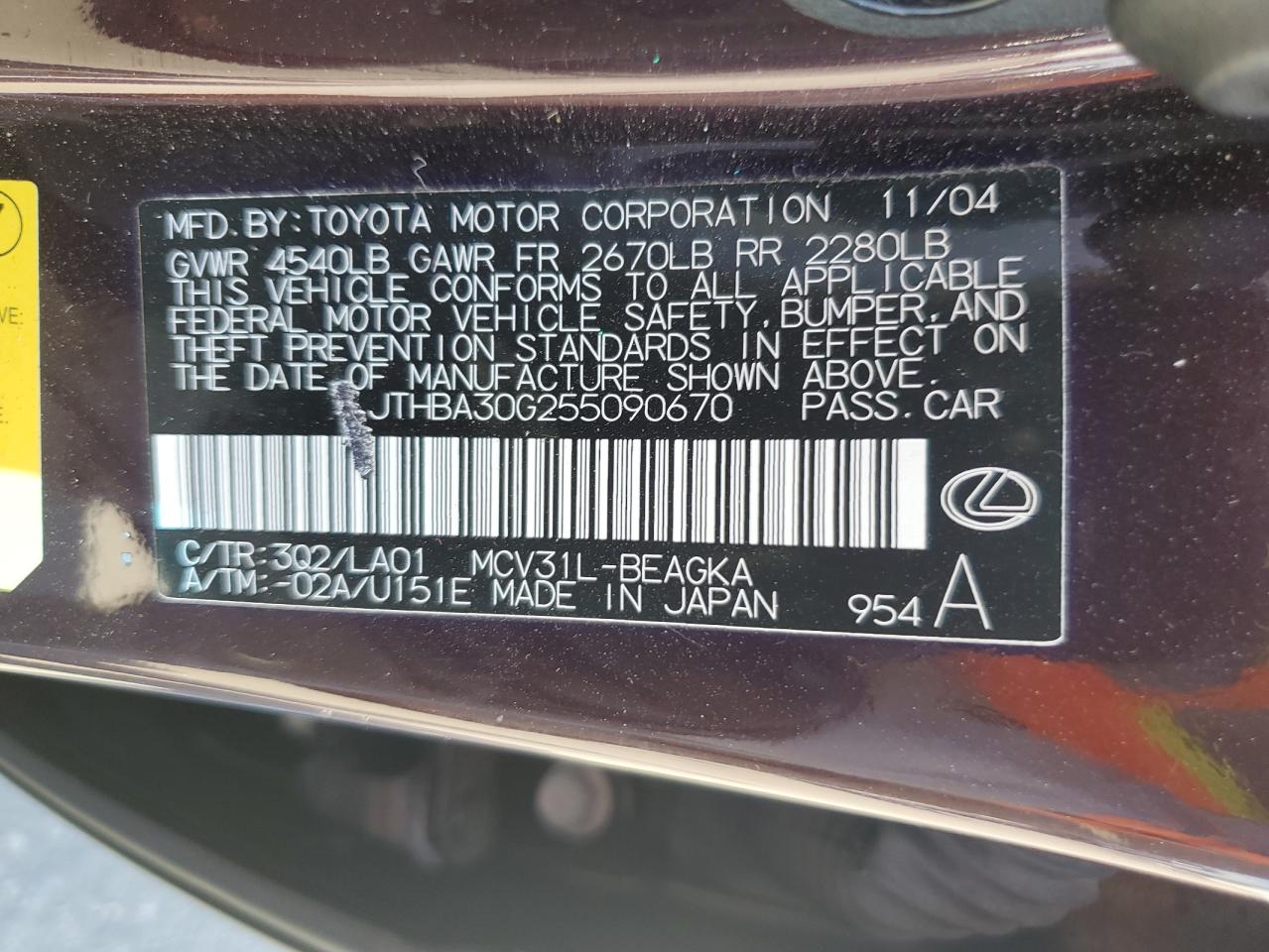 JTHBA30G255090670 2005 Lexus Es 330