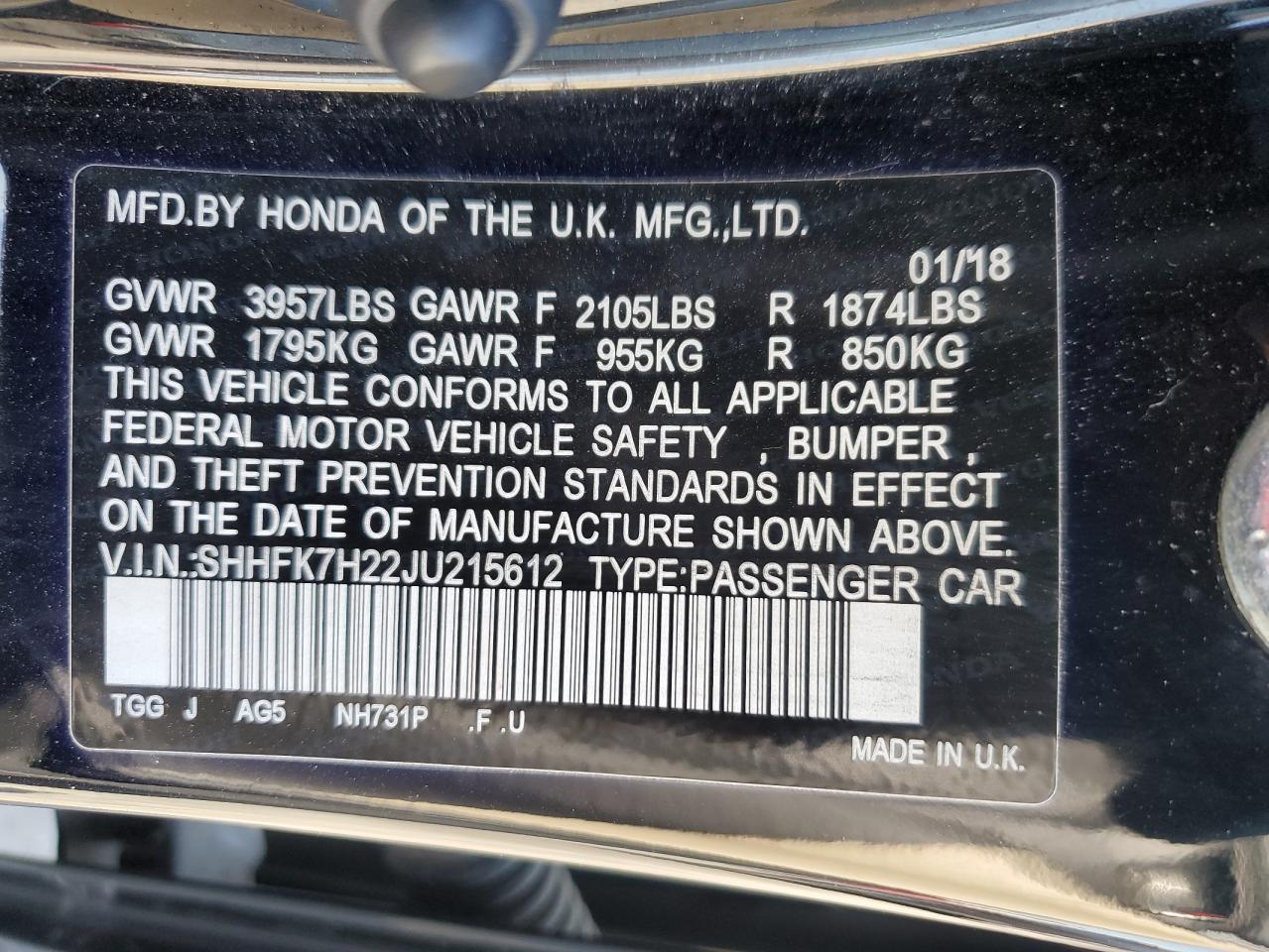 SHHFK7H22JU215612 2018 Honda Civic Lx