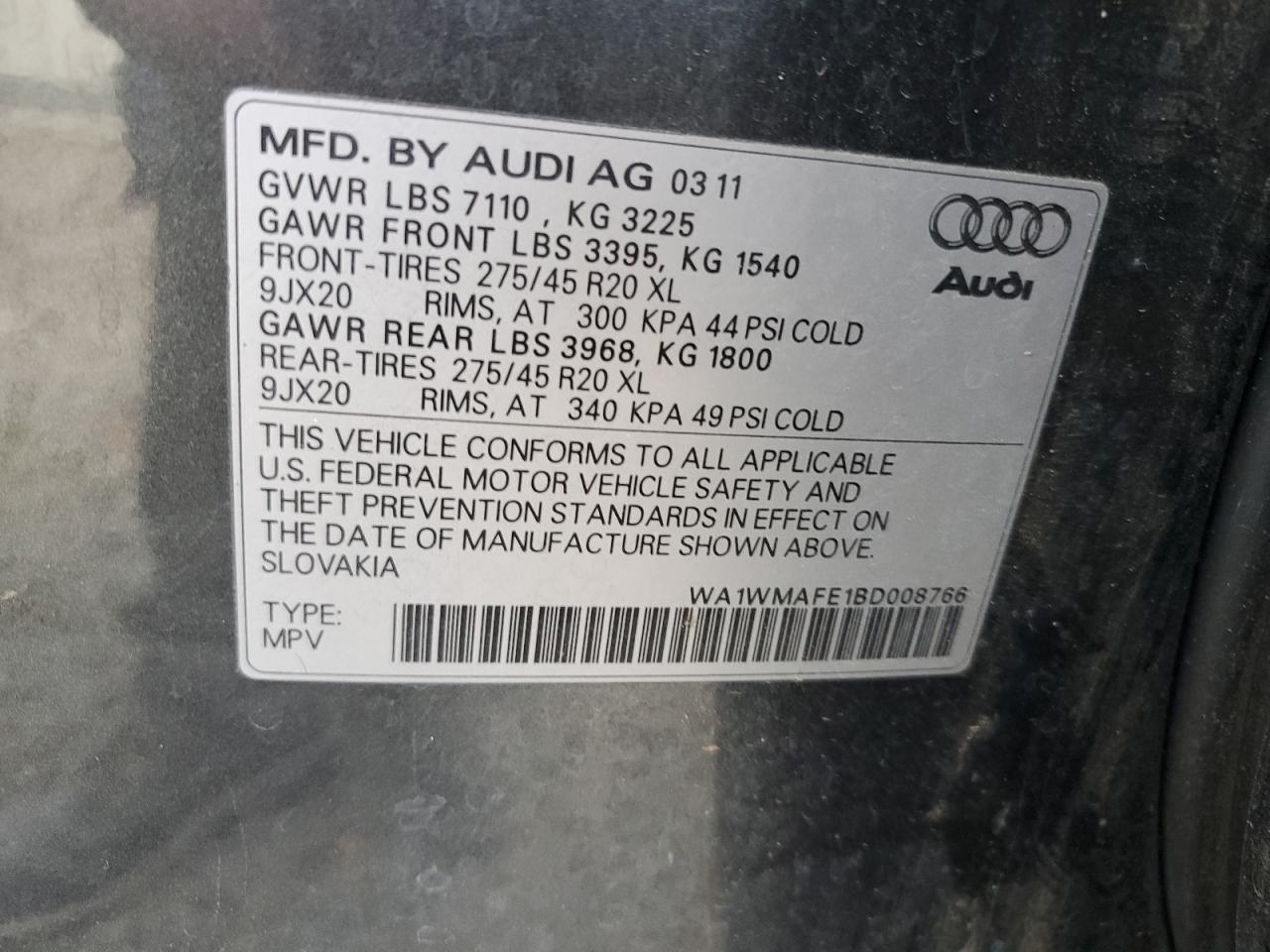 WA1WMAFE1BD008766 2011 Audi Q7 Prestige